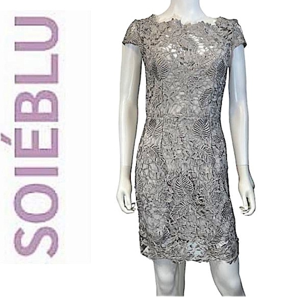 SOIEBLU. EUC. Stunning crocheted capped sleeve midi dress. Lined. Silver/grey.S